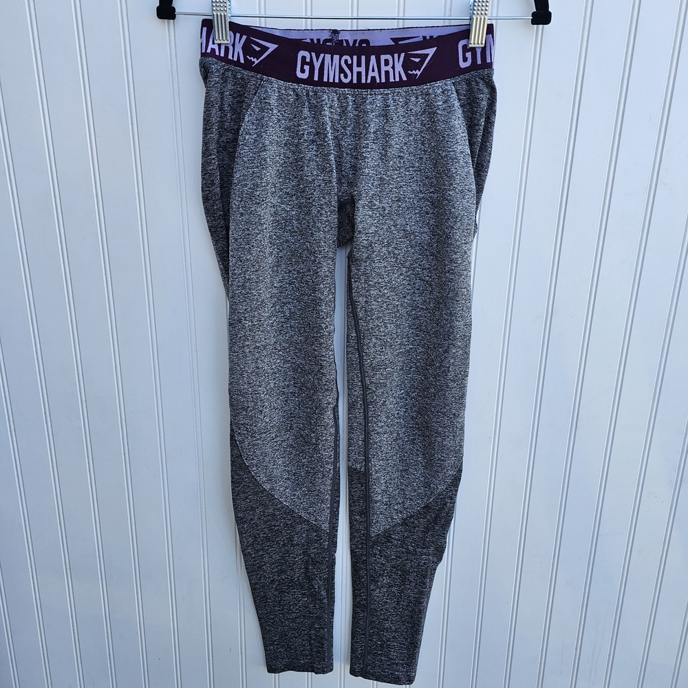 Gymshark Gray Marled Leggings with Purple Logo Waistband